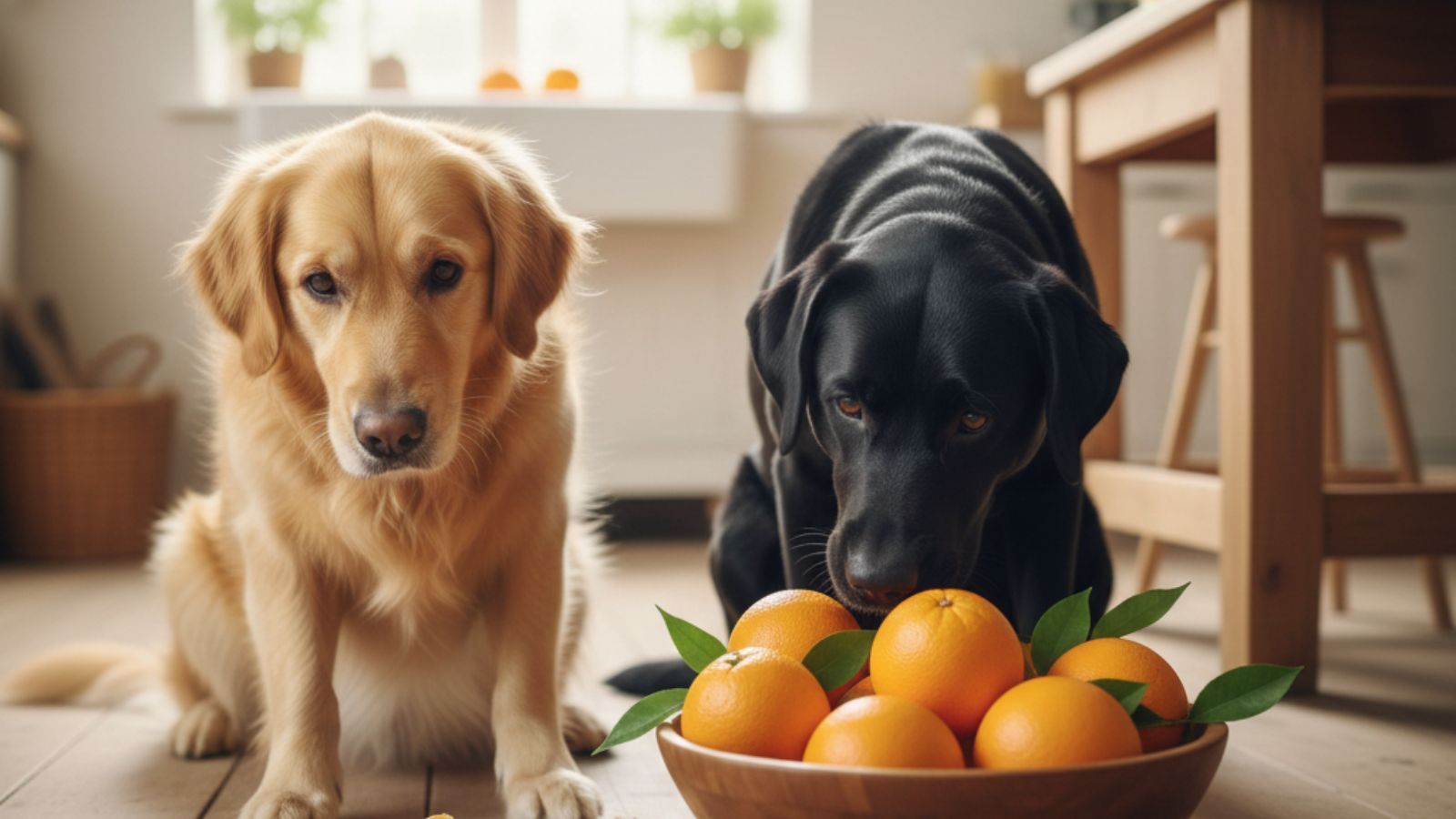 Golden retriever and black lab looking at bowl full of fresh oranges