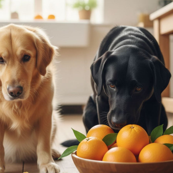 Golden retriever and black lab looking at bowl full of fresh oranges
