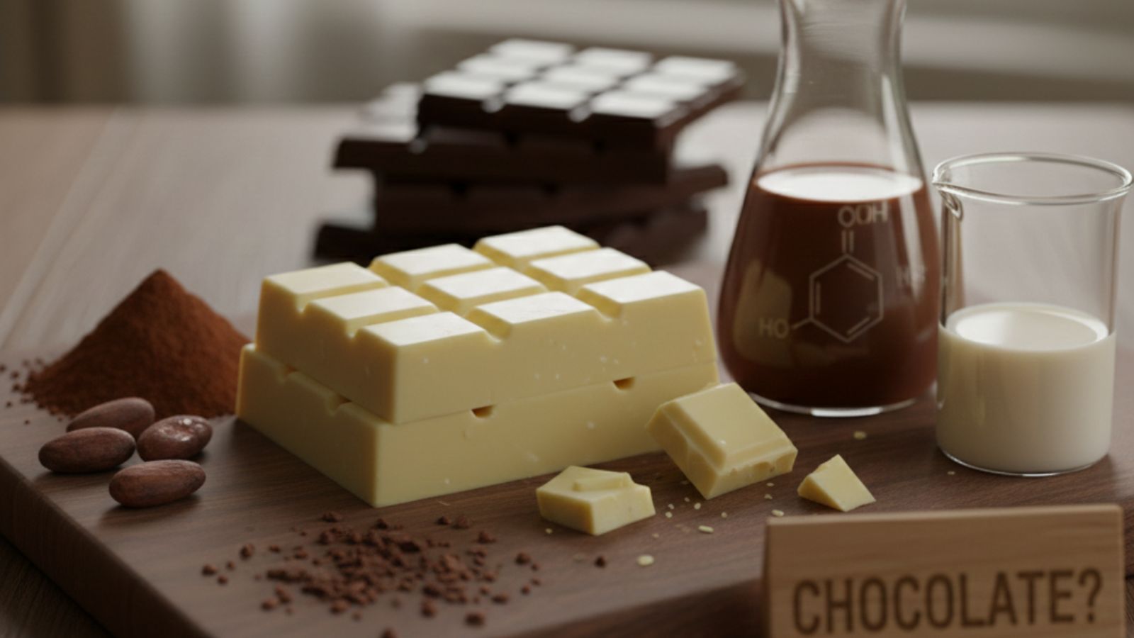 White and dark chocolate bars with cocoa, milk, and lab flask on board