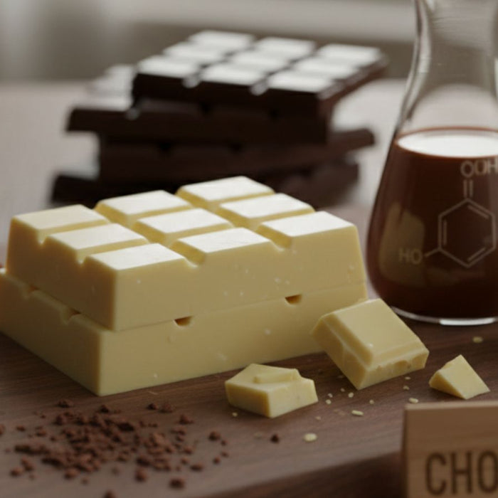 White and dark chocolate bars with cocoa, milk, and lab flask on board