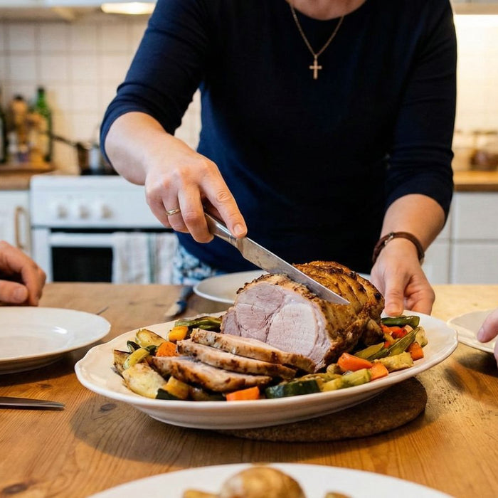 Family slicing roast pork with vegetables at dinner table
