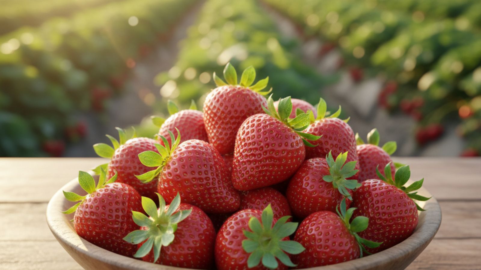 Bowl of freshly picked strawberries with strawberry field behind