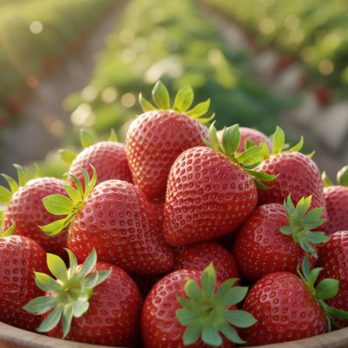 Bowl of freshly picked strawberries with strawberry field behind