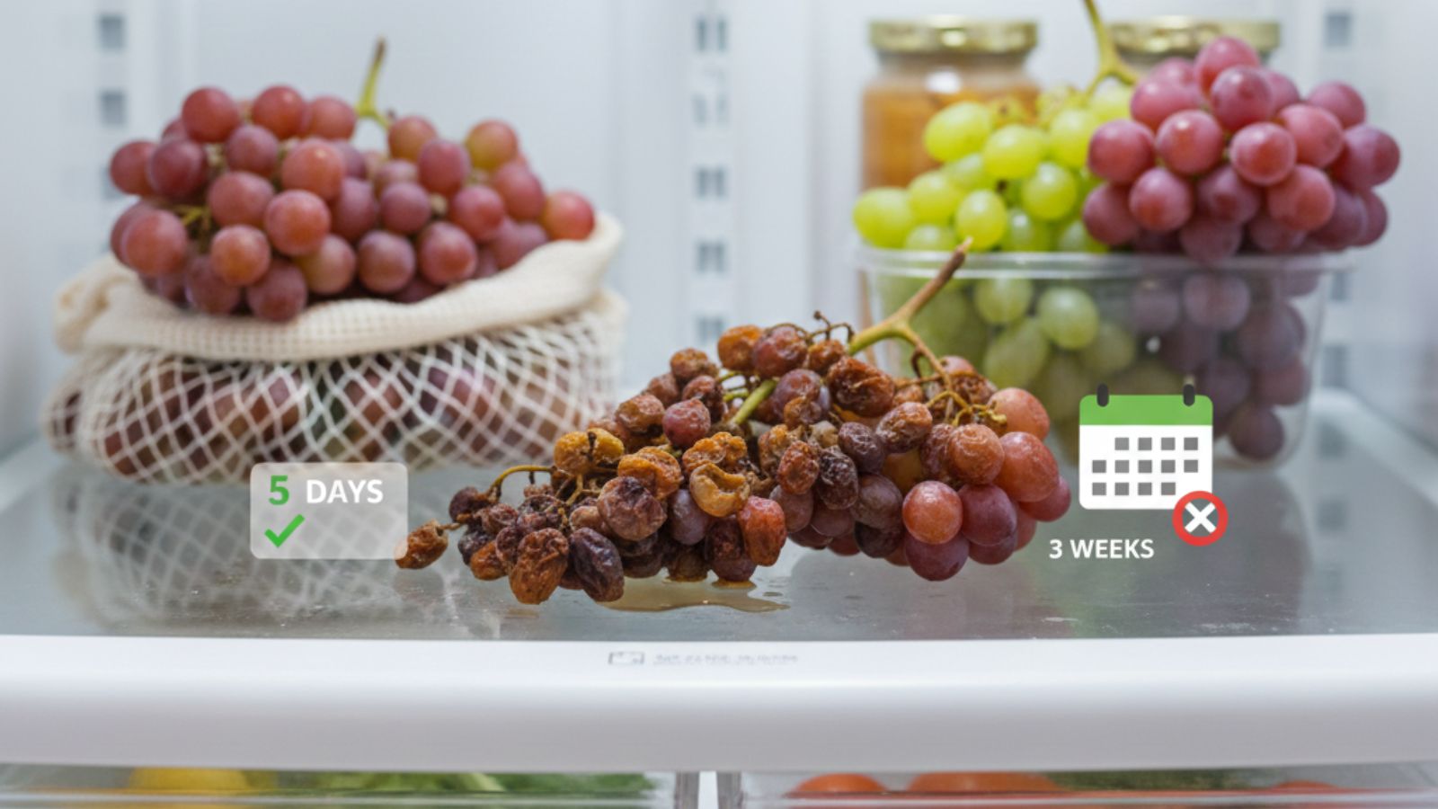 Fresh grapes compared with shriveled spoiled grapes over time