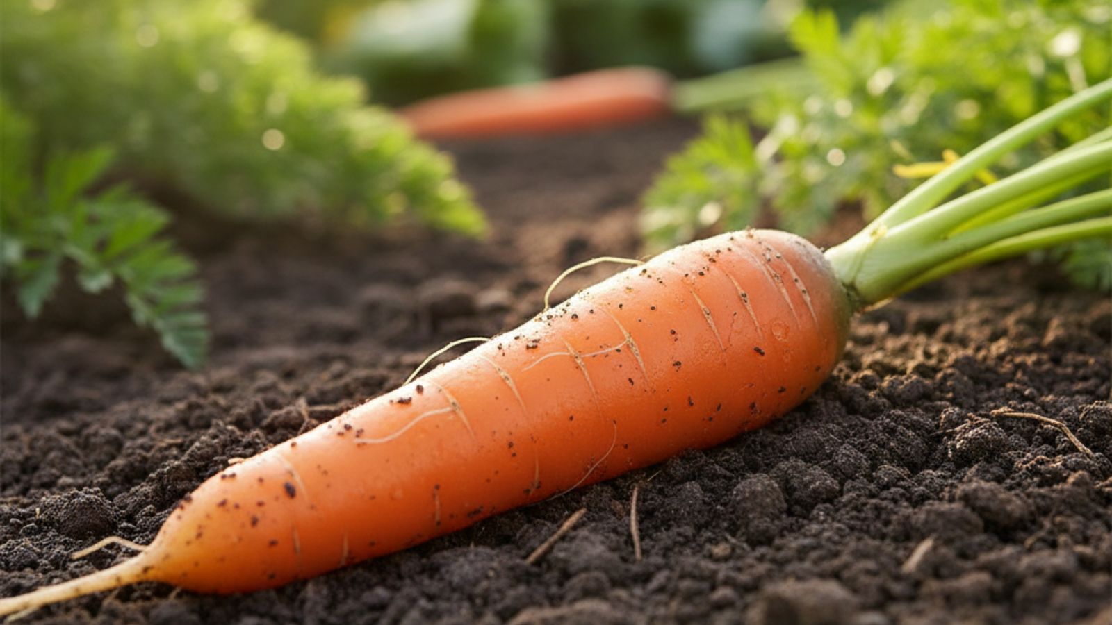 Fresh carrot partially pulled from soil in vegetable garden