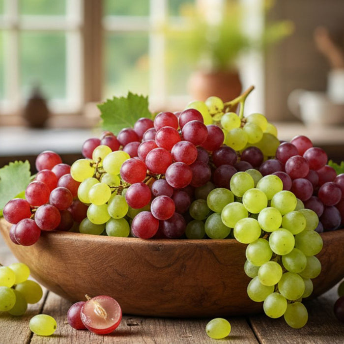 Wooden bowl filled with red and green grapes in cozy kitchen