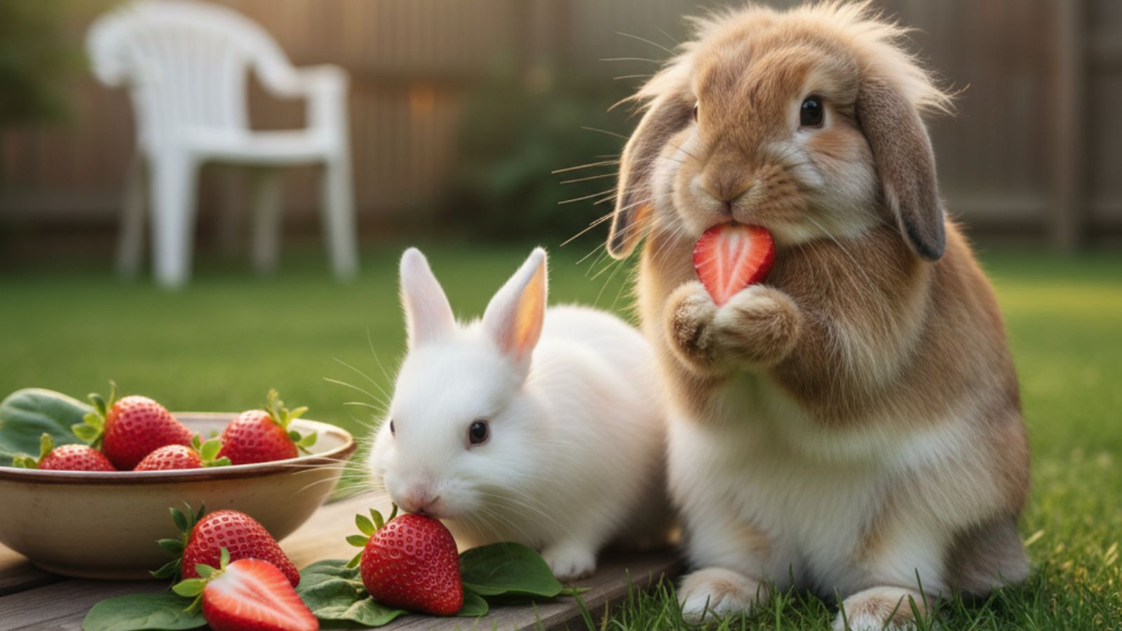 Two rabbits eating strawberries on grass beside a small wooden board