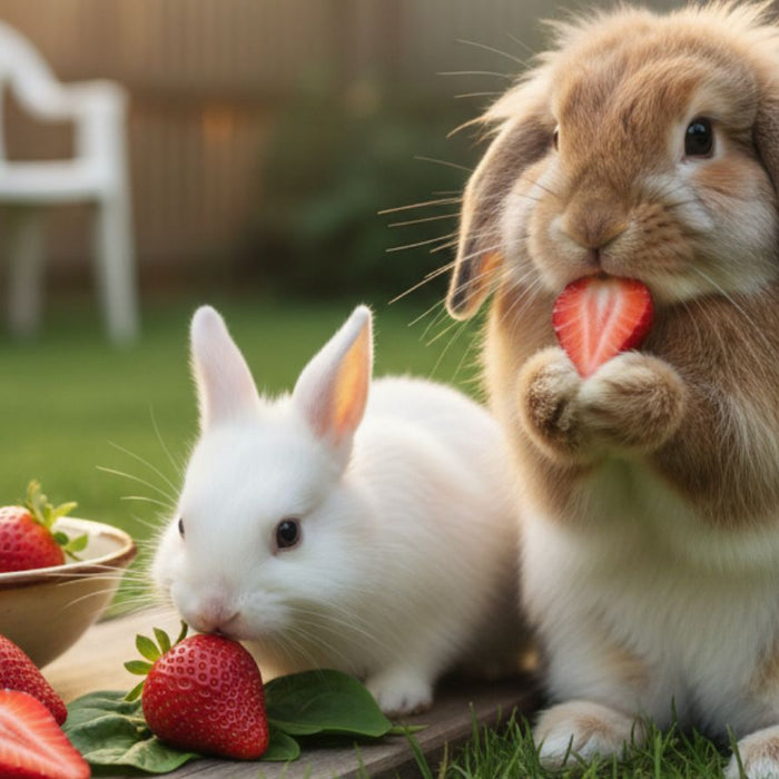 Two rabbits eating strawberries on grass beside a small wooden board