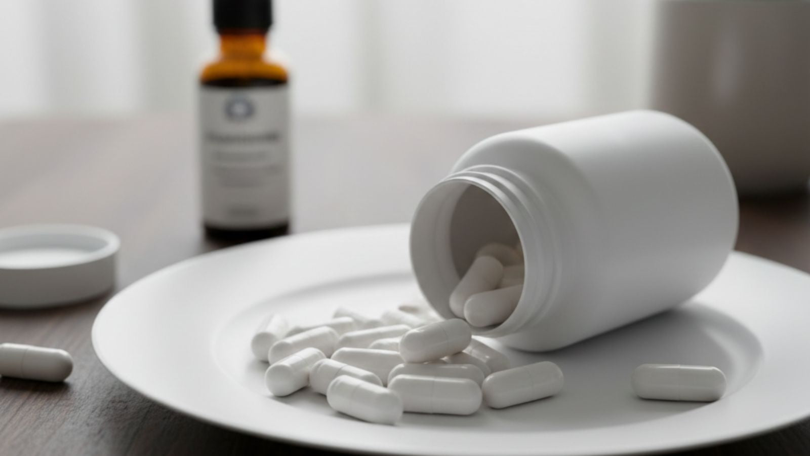 White glutathione capsules spilled from supplement bottle