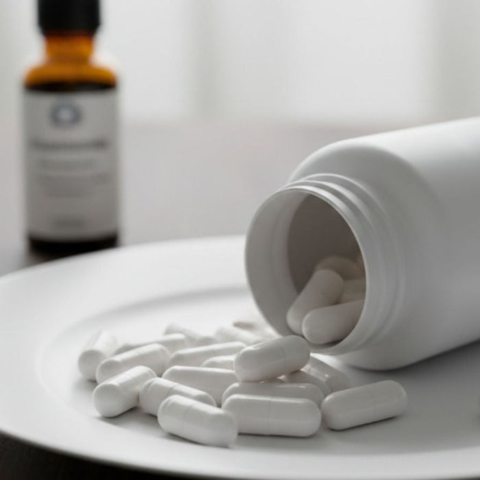 White glutathione capsules spilled from supplement bottle