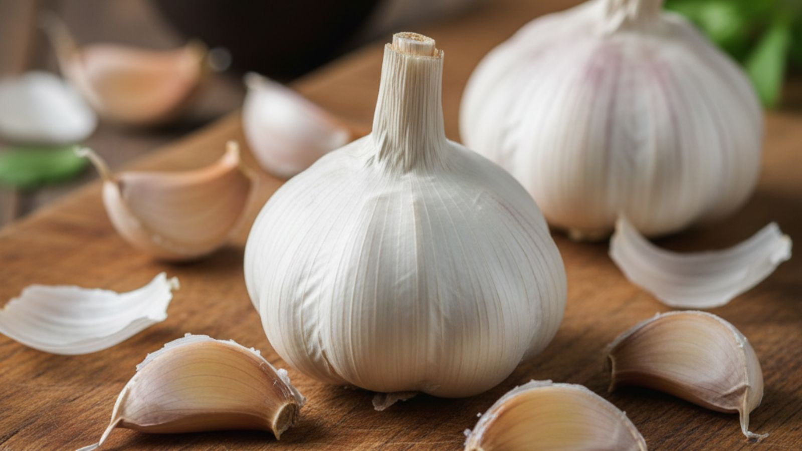 Fresh garlic bulbs and cloves on wooden table close-up view