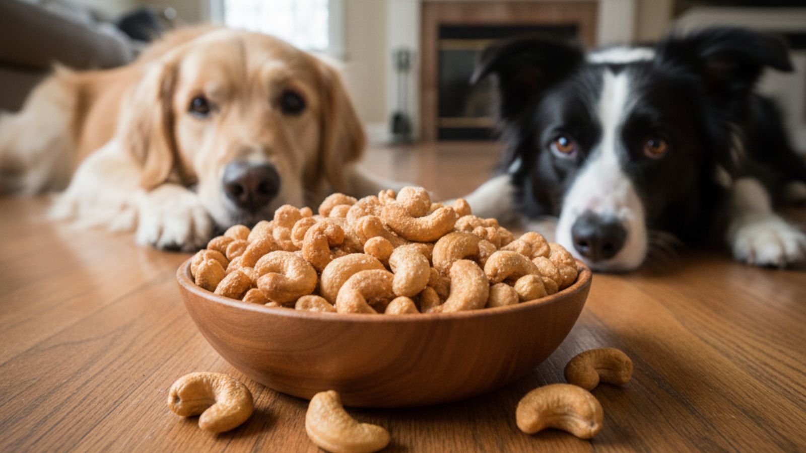 Two dogs lying near a wooden bowl filled with cashew nuts
