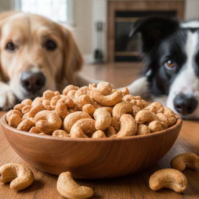 Two dogs lying near a wooden bowl filled with cashew nuts