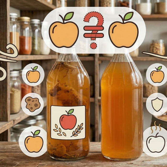 Apple cider vinegar bottles with icons comparing clear and spoiled ACV