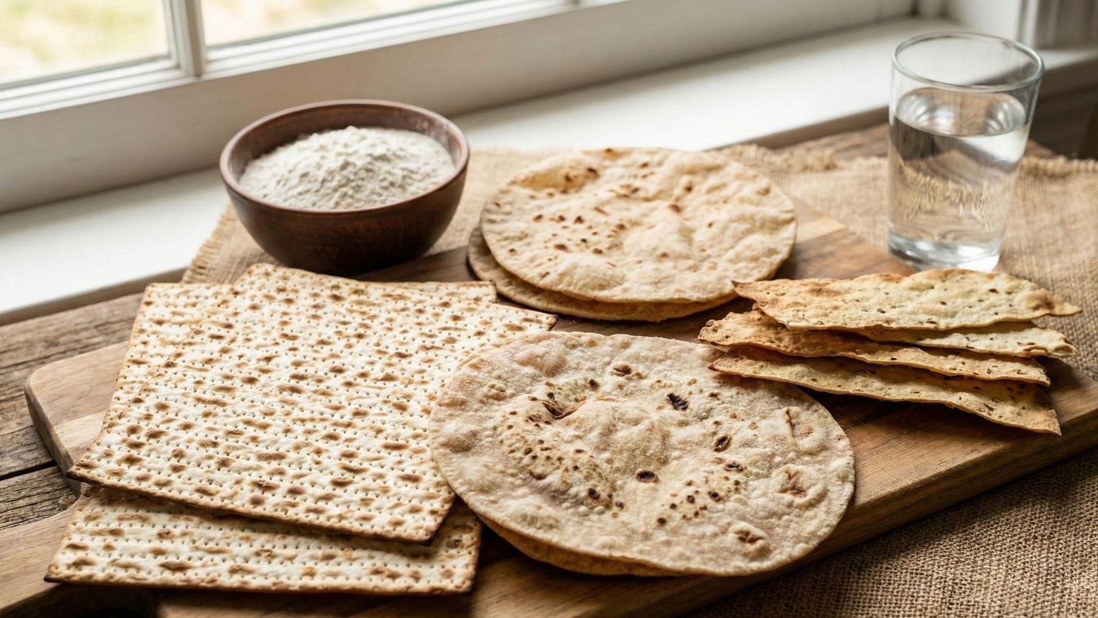 Assorted flatbreads and matzo with flour and water on wooden board