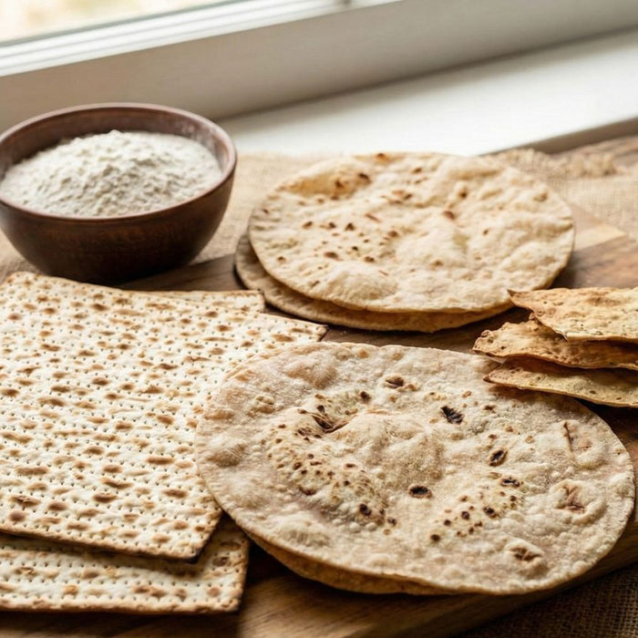 Assorted flatbreads and matzo with flour and water on wooden board