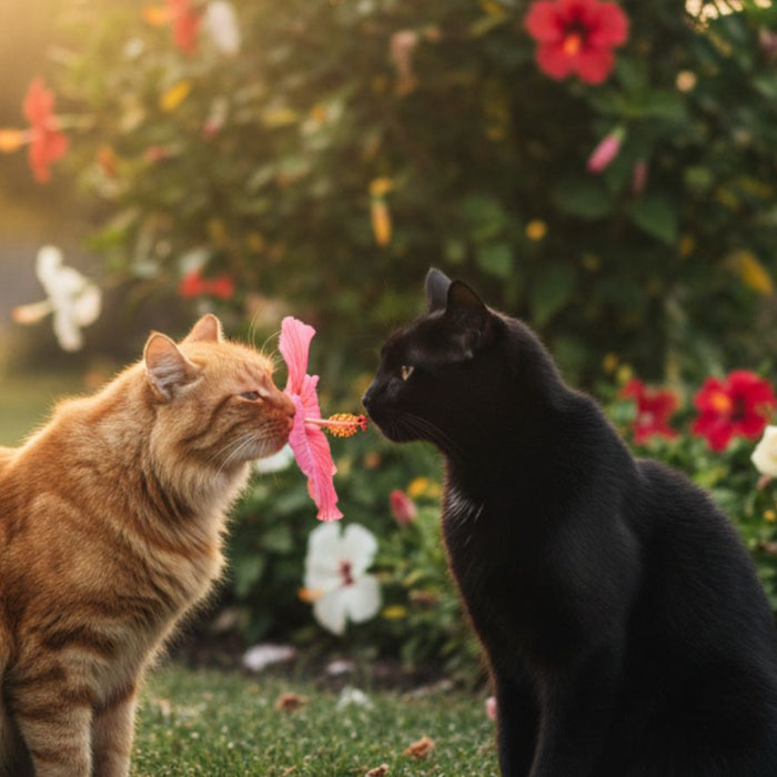 Orange and black cats touching noses with hibiscus flower