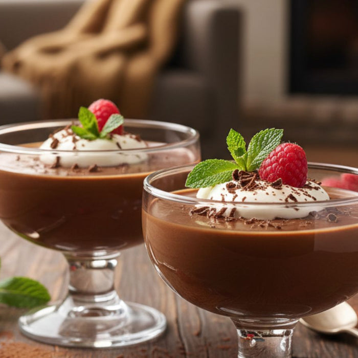 Chocolate pudding cups topped with cream and raspberries