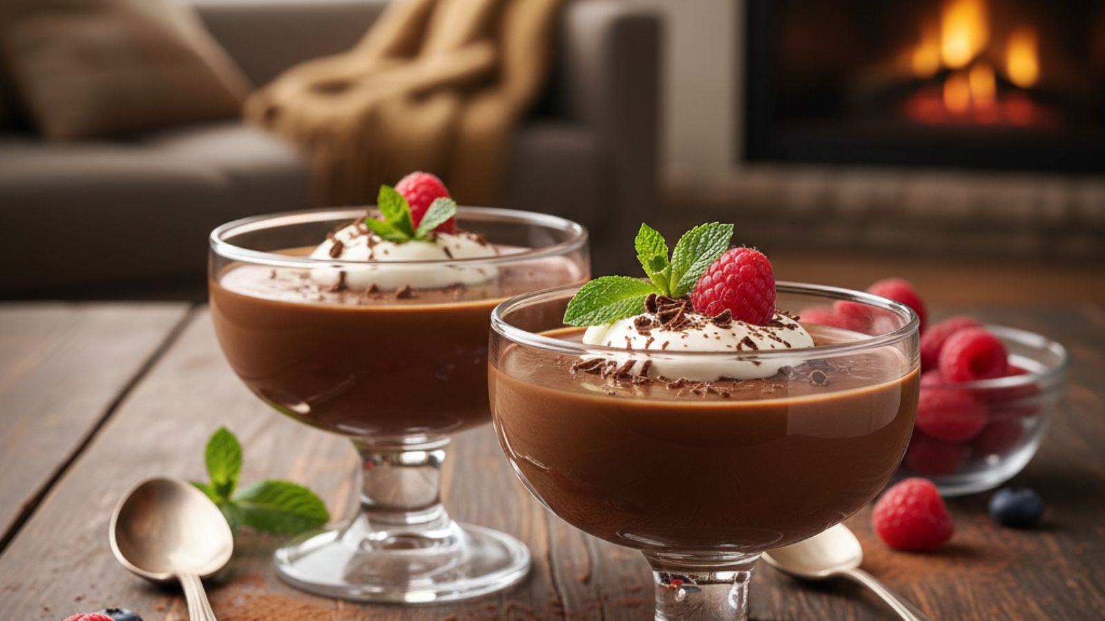 Chocolate pudding cups topped with cream and raspberries