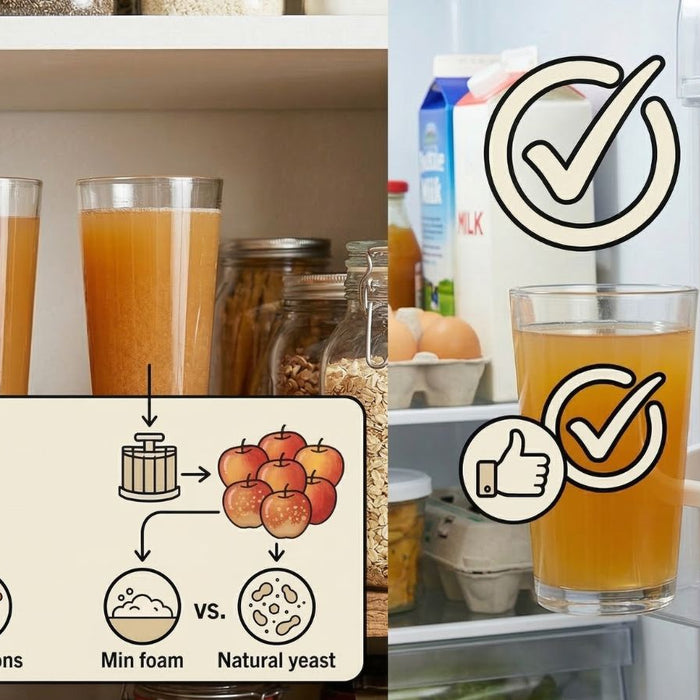 Apple cider and vinegar comparison with freshness and storage icons
