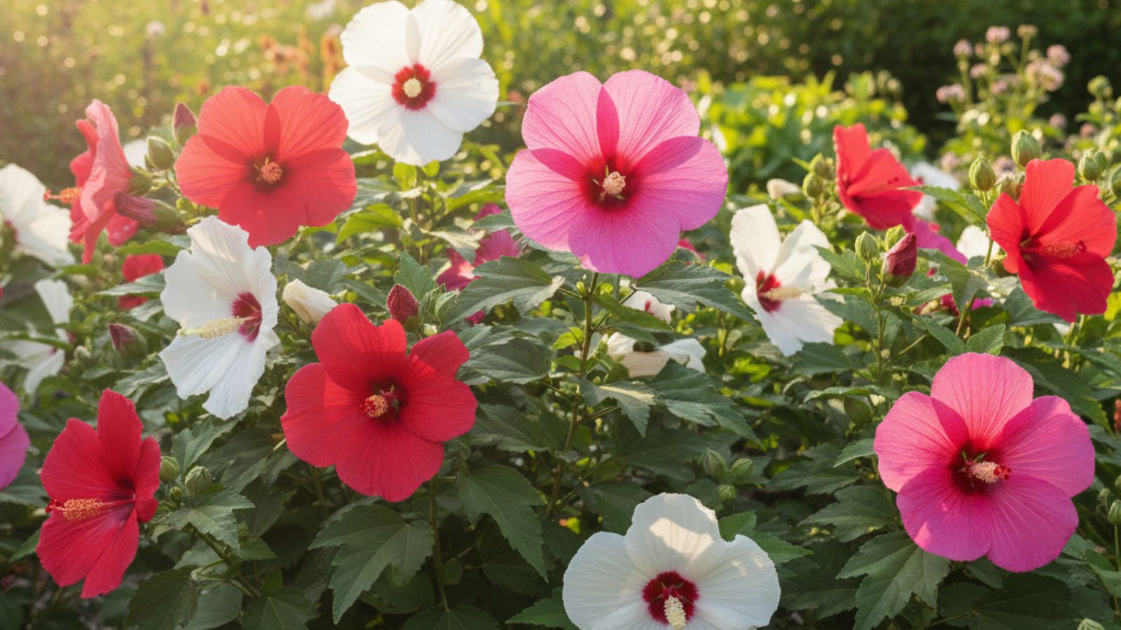 Red and white hibiscus flowers blooming in garden sunlight