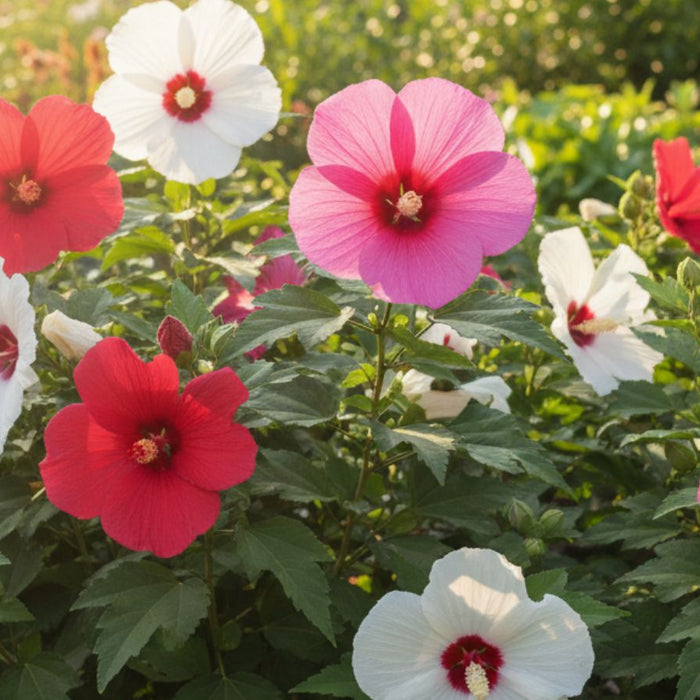 Red and white hibiscus flowers blooming in garden sunlight