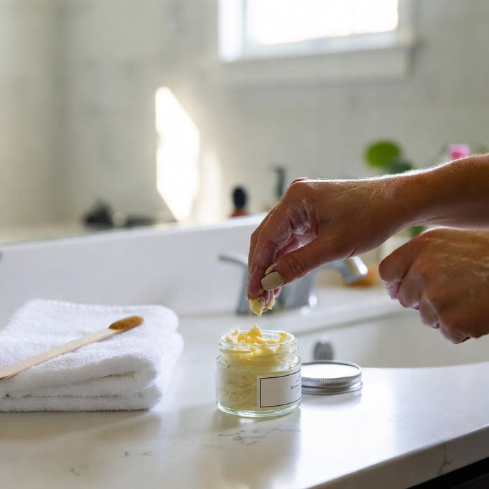 Beef tallow balm jar on bathroom counter beside folded white towel
