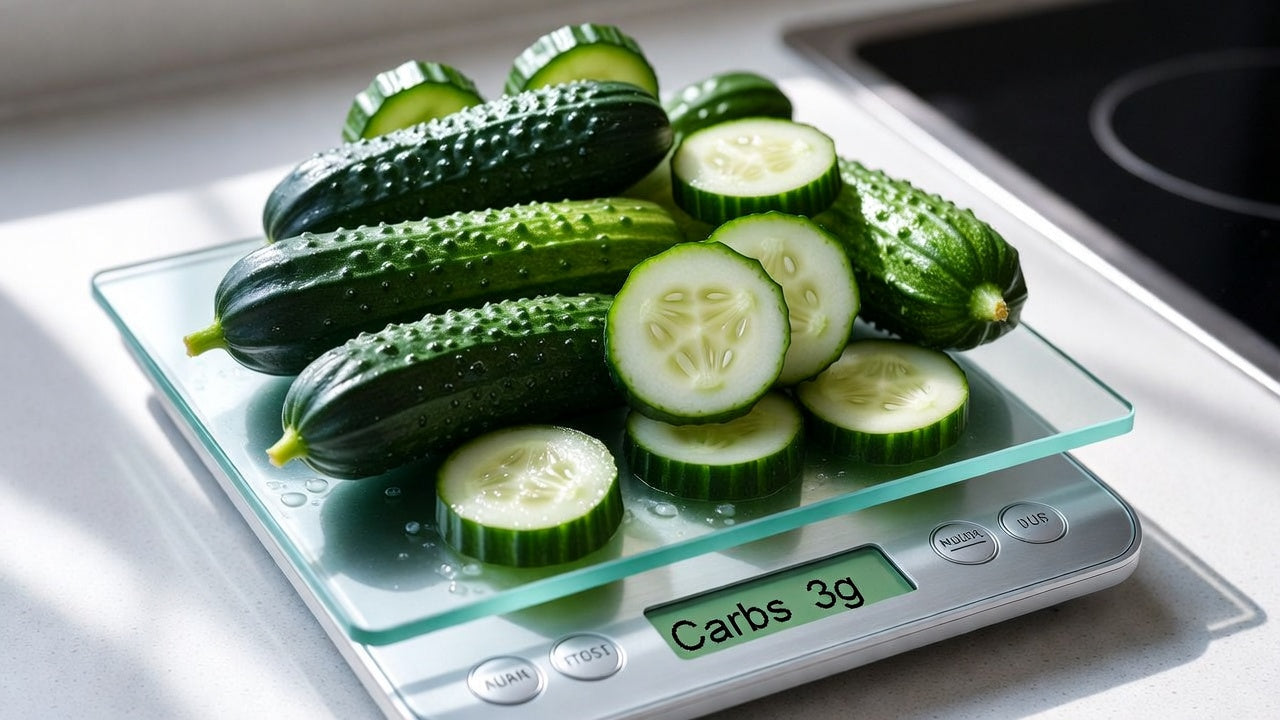Mini cucumbers and slices on a kitchen scale showing carb count label