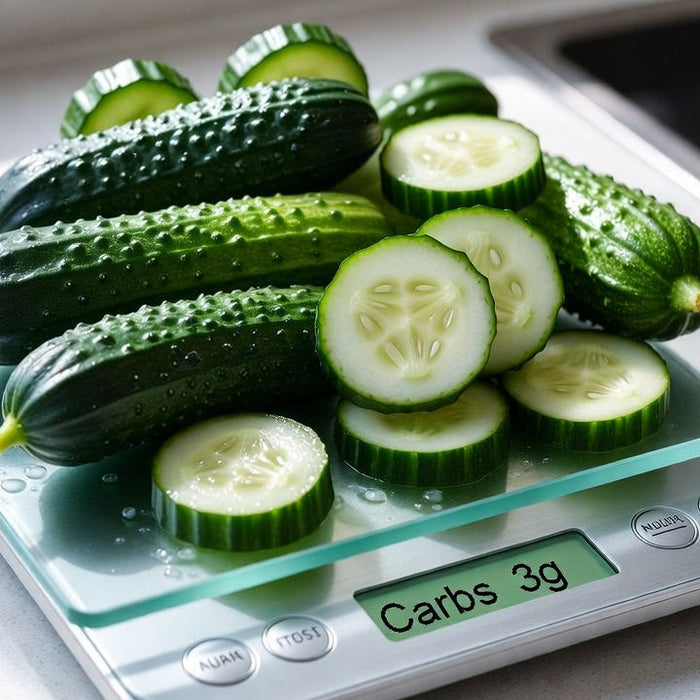 Mini cucumbers and slices on a kitchen scale showing carb count label