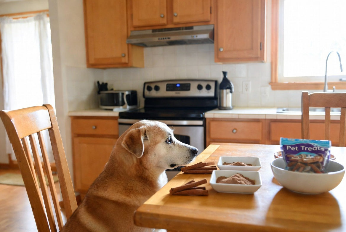 Dog looking at cinnamon sticks and powder on a kitchen table