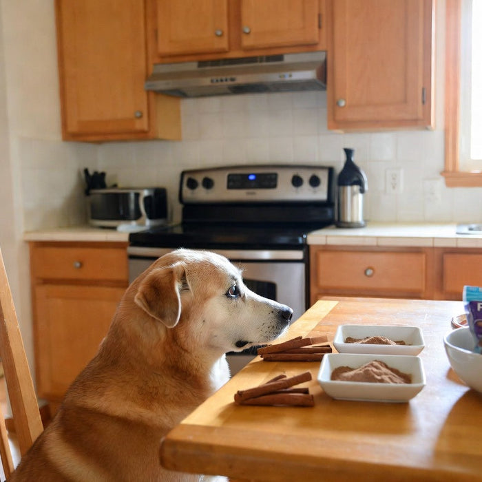 Dog looking at cinnamon sticks and powder on a kitchen table