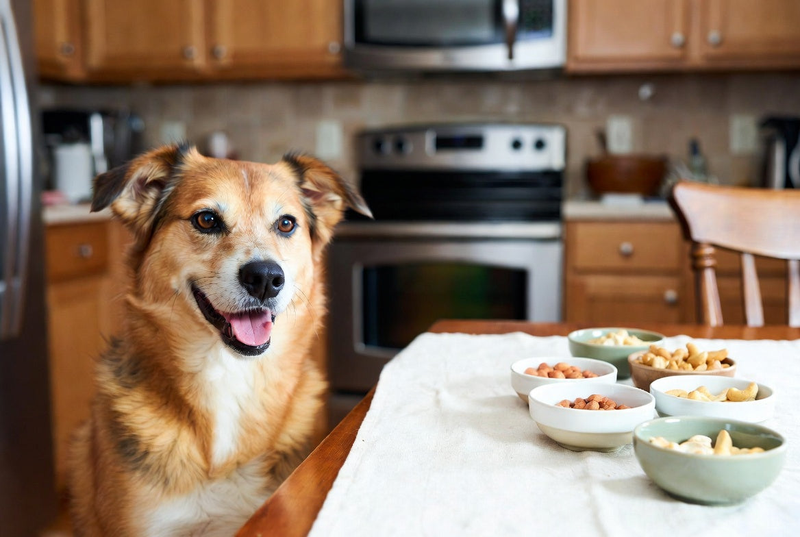 Dog beside bowls of assorted nuts on a kitchen table indoors