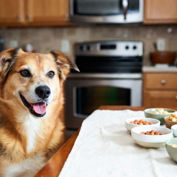 Dog beside bowls of assorted nuts on a kitchen table indoors