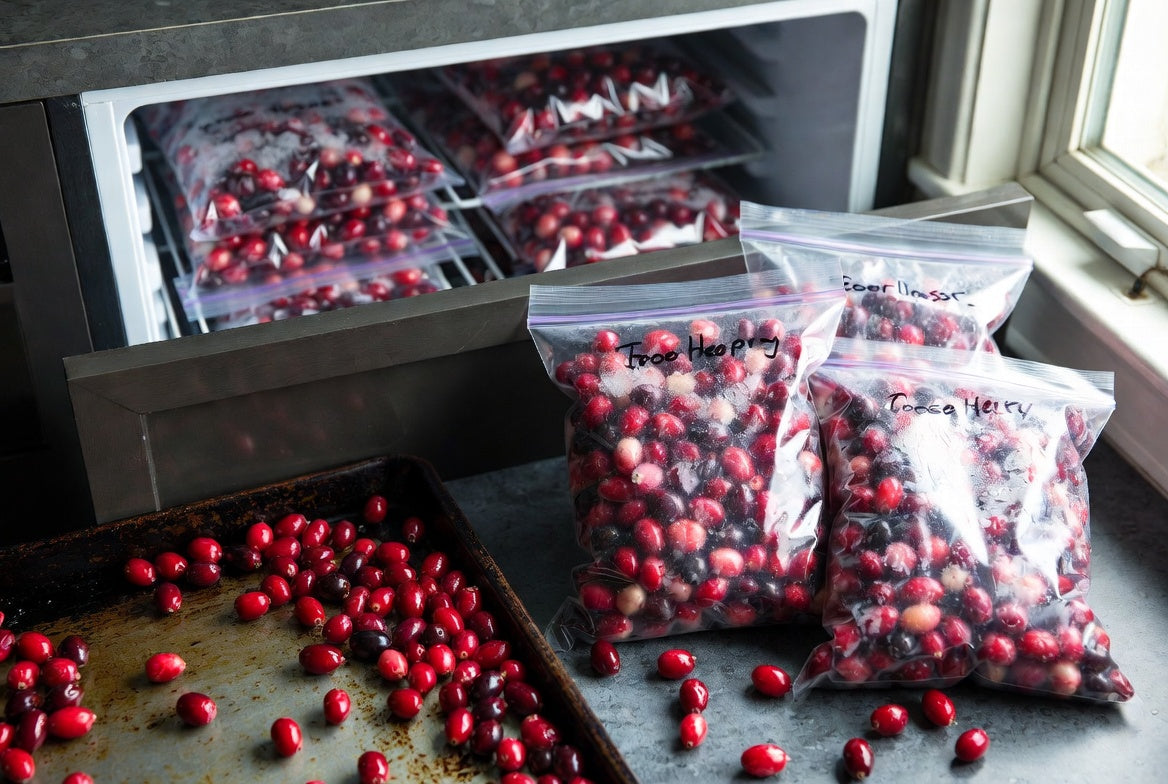 Frozen cranberries in freezer bags beside tray for long storage