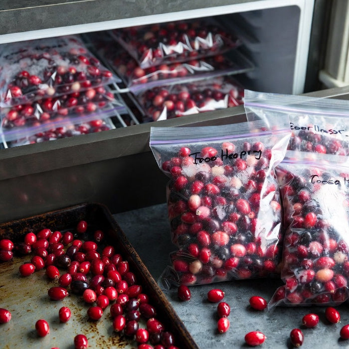 Frozen cranberries in freezer bags beside tray for long storage