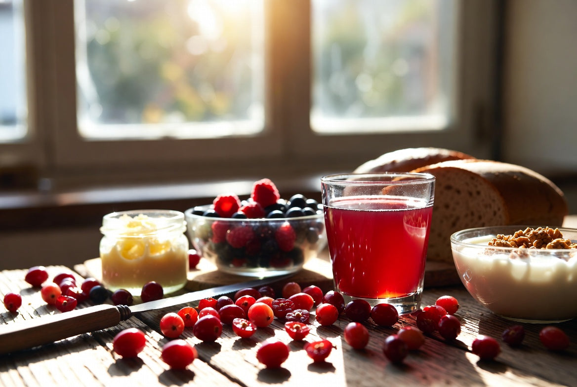 Fresh cranberries and cranberry juice with breakfast foods on table