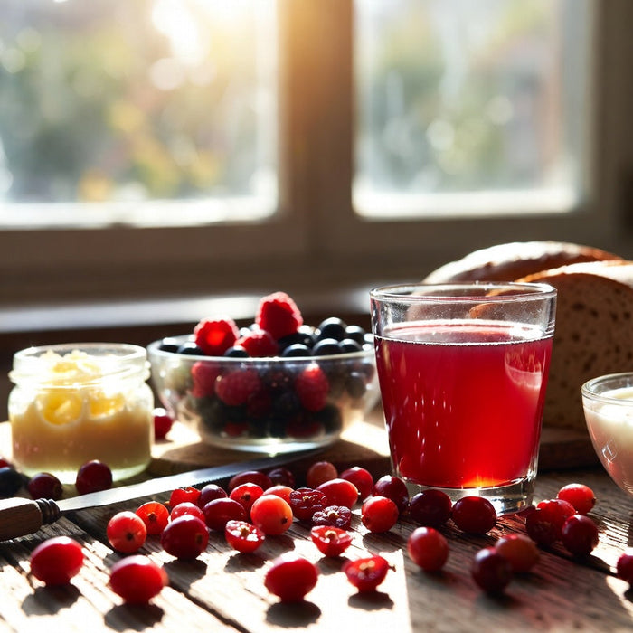 Fresh cranberries and cranberry juice with breakfast foods on table