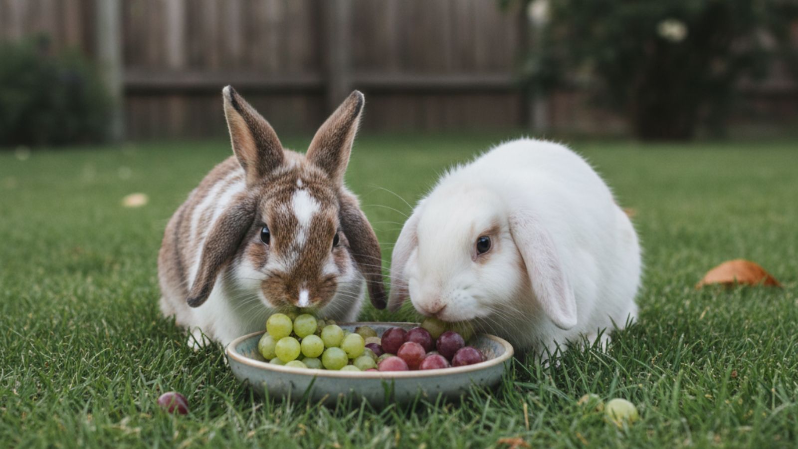 Two rabbits eating green and red grapes from bowl on grass