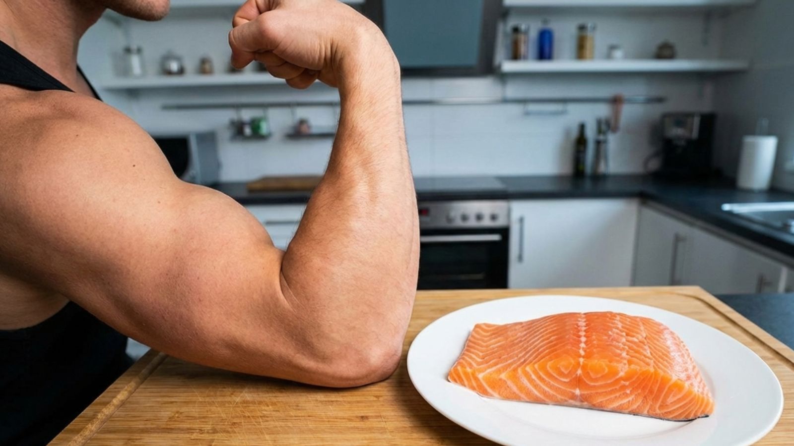 Muscular arm flexing beside raw salmon fillet on kitchen counter