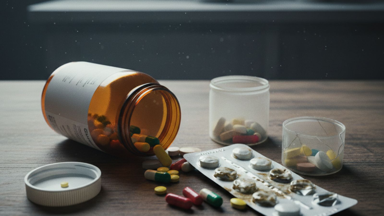 Multivitamins pills on wooden table