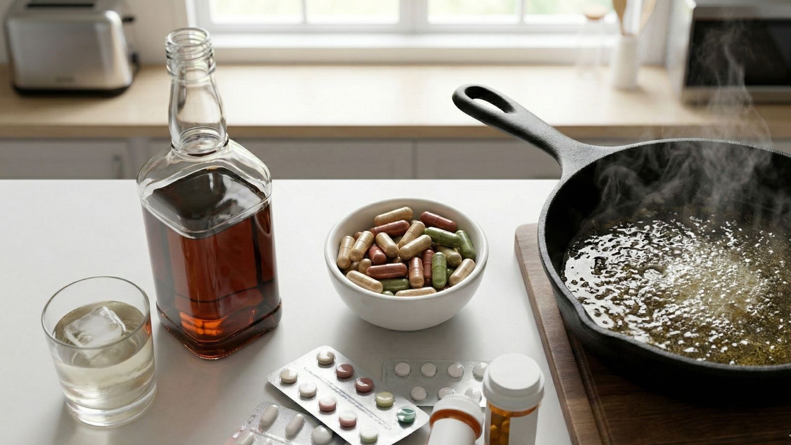 Alcohol, Glutathione and pills near hot frying pan