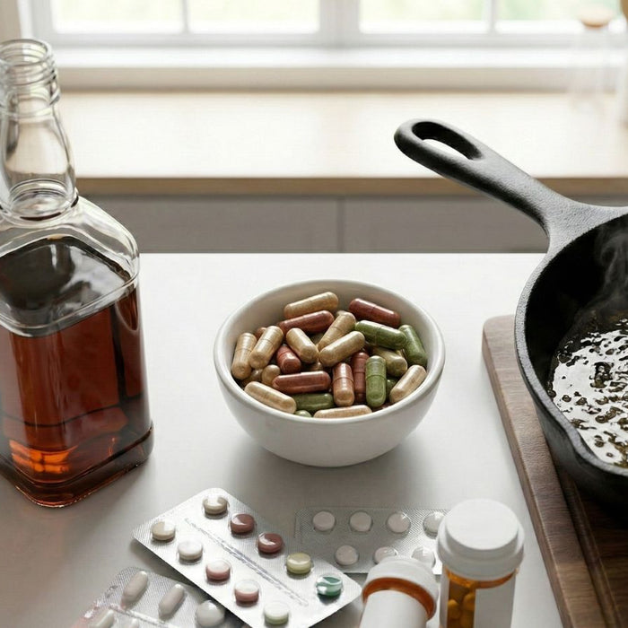 Alcohol, Glutathione and pills near hot frying pan