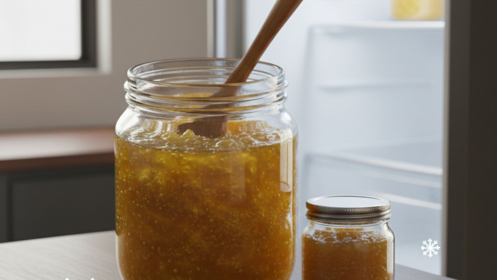Large jar of fresh ghee with wooden spoon in kitchen