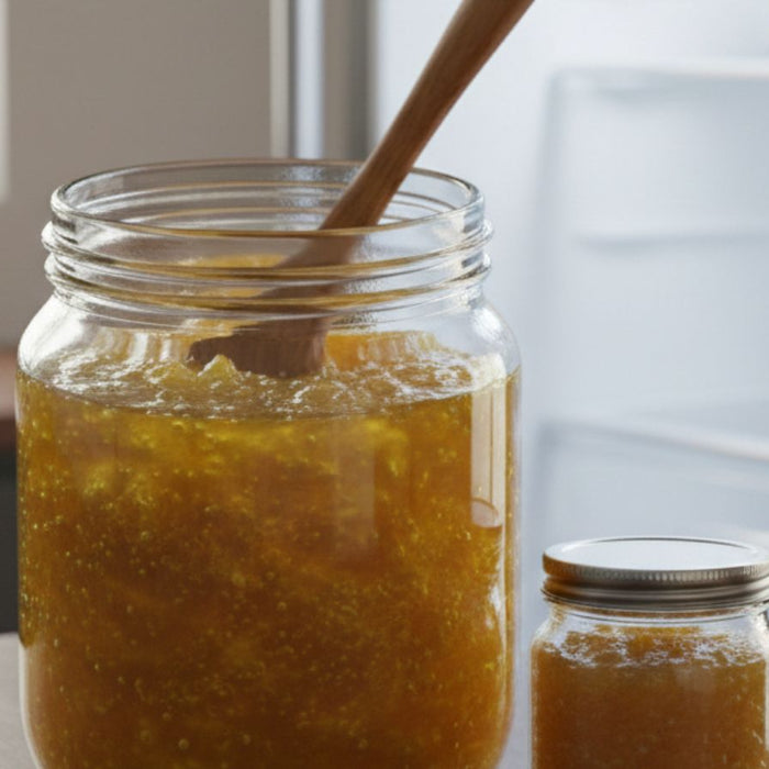 Large jar of fresh ghee with wooden spoon in kitchen