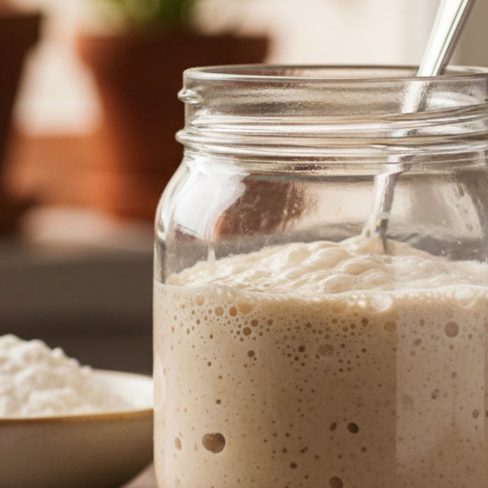 Close up of frothy sourdough starter with flour bowl