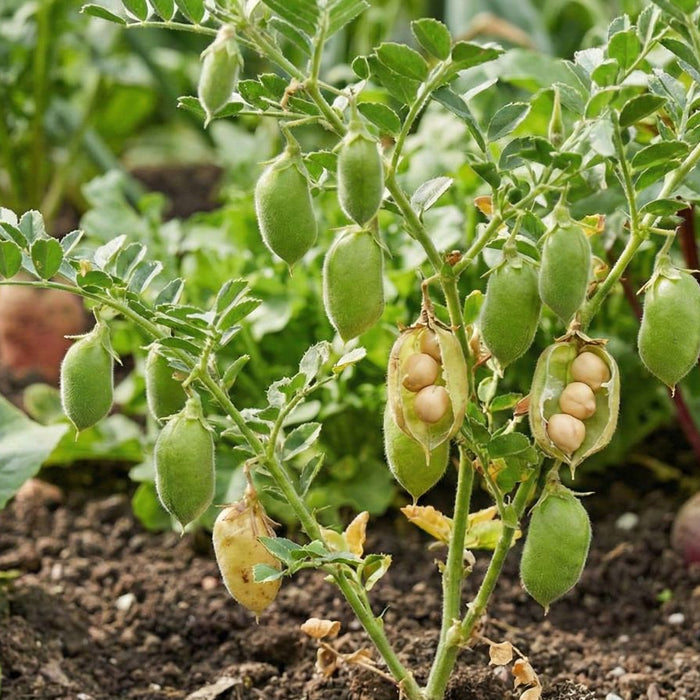 Chickpea plant growing in garden with green pods and leaves