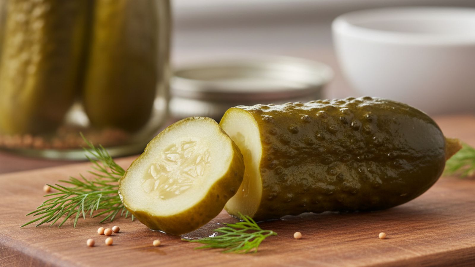 Opened jar of pickles on kitchen counter with lid nearby