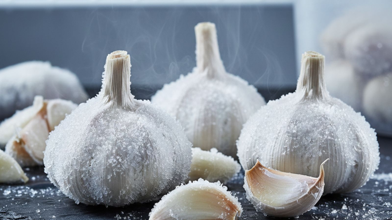 Frozen garlic bulbs covered with frost and icy garlic cloves