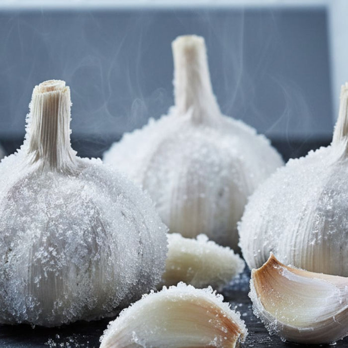 Frozen garlic bulbs covered with frost and icy garlic cloves