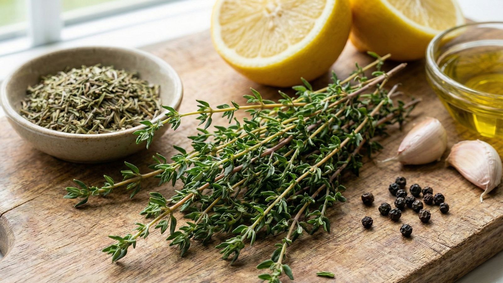 Thyme sprigs with lemon, garlic, pepper and olive oil on board